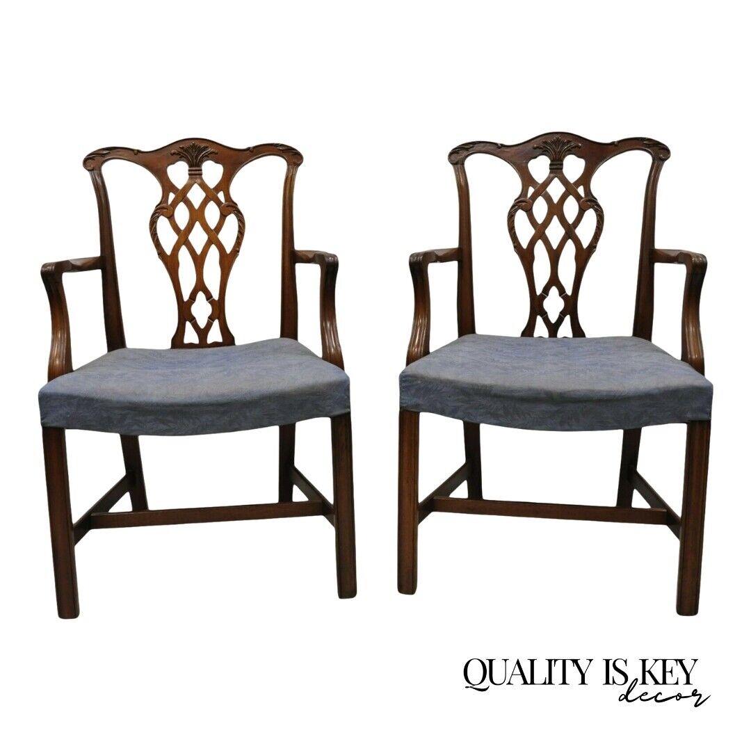 Vintage Georgian Chippendale Carved Mahogany Dining Captains Arm Chairs - Pair B