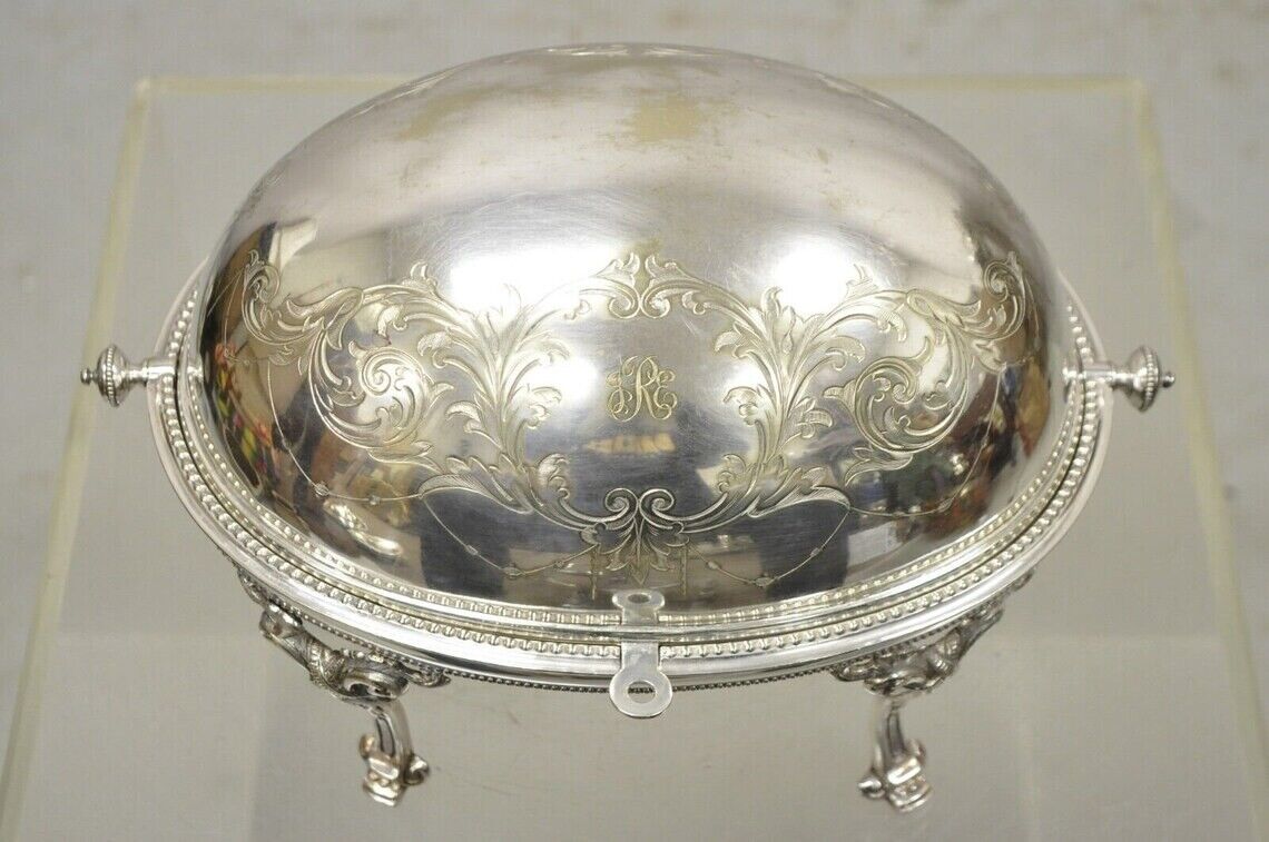 Antique Edwardian Silver Plated Revolving Dome Oval Chafing Dish Food Warmer