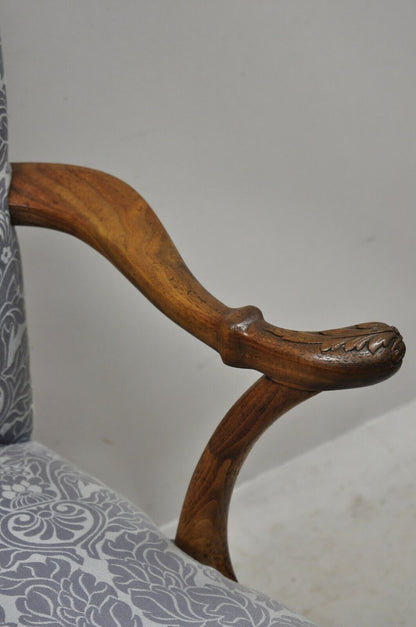 Chippendale Georgian Style Ball & Claw Carved Mahogany Blue Upholstery Arm Chair