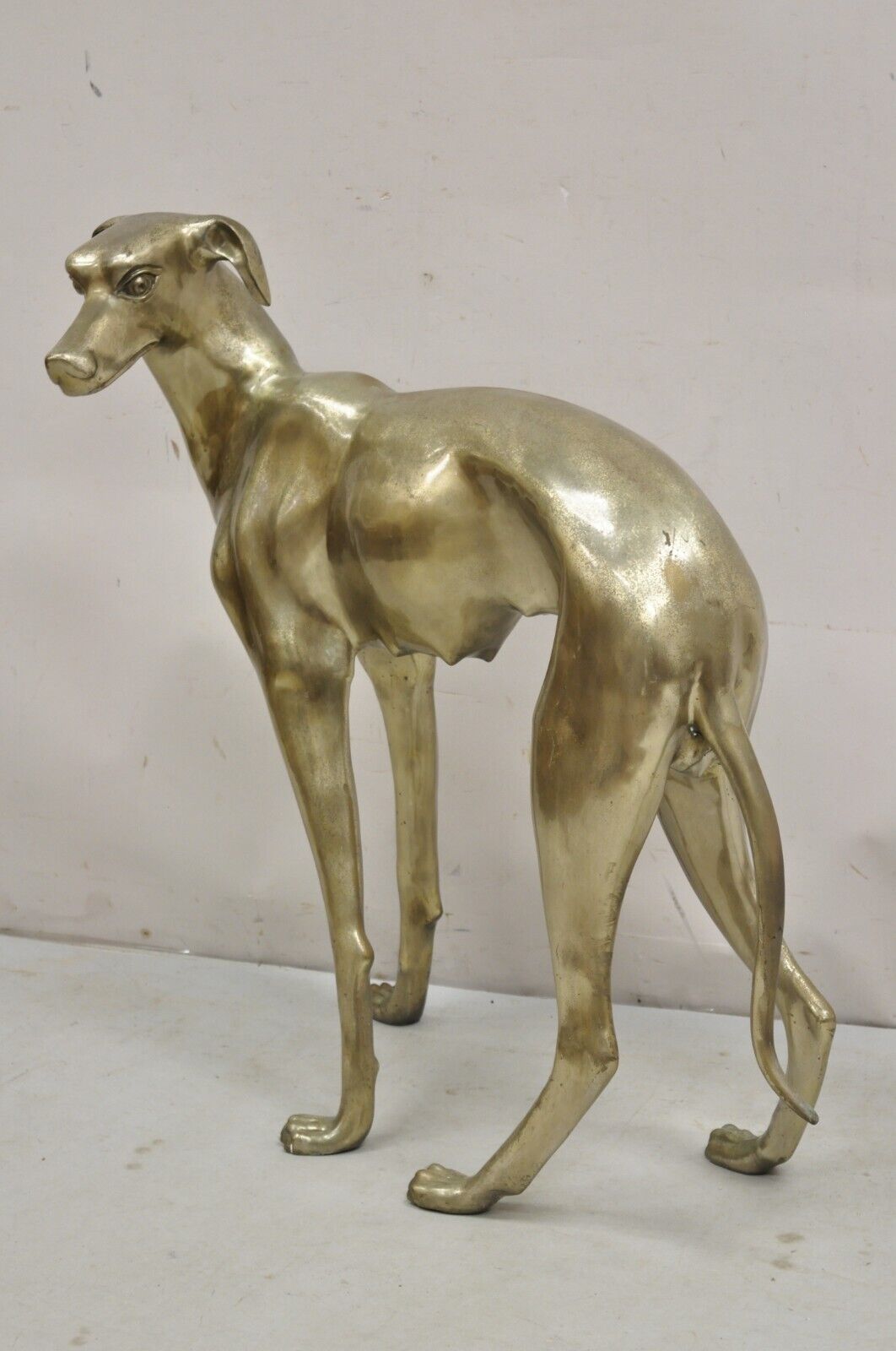 Vintage Hollywood Regency Life Size Brass Greyhound Whippet Dog Statue Sculpture