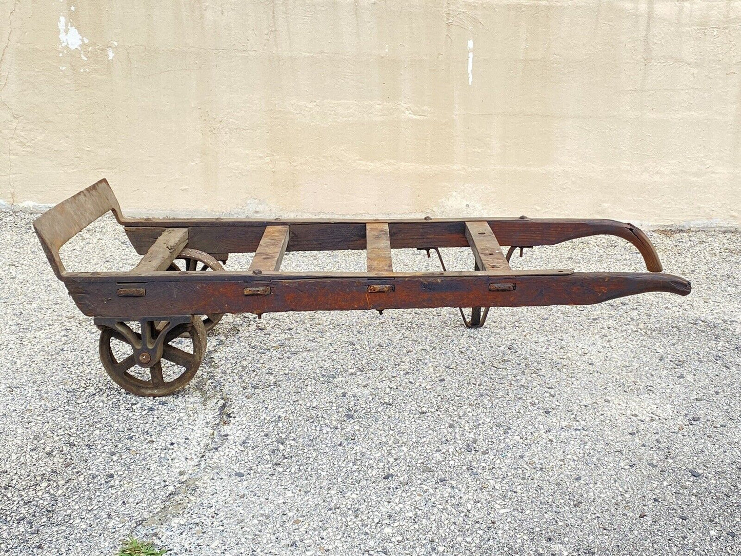 Antique Industrial Modern Vintage Factory Hand Truck Oak Wood and Iron Metal