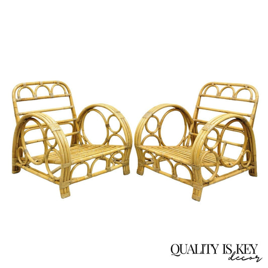 Vintage Hollywood Regency Bent Bamboo Wicker Rattan Pretzel Lounge Chairs - Pair