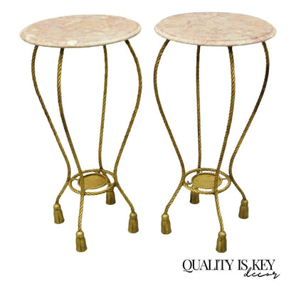 Italian Gold Gilt Iron Rope Tassel Marble Top Tall Pedestal Plant Stand - a Pair