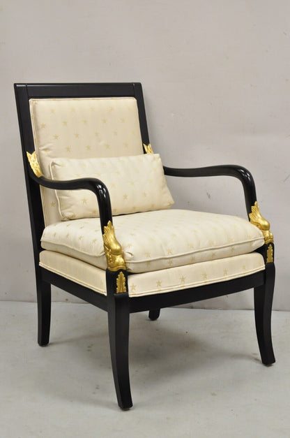 Ethan Allen French Empire Style Black Lacquer Gold Dolphin Upholstered Arm Chair