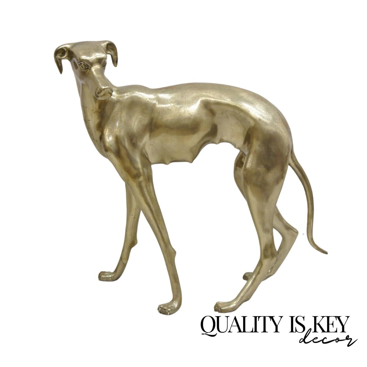 Vintage Hollywood Regency Life Size Brass Greyhound Whippet Dog Statue Sculpture