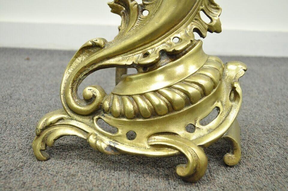 Antique French Louis XV Rococo Style Bronze Brass Acanthus Andirons - a Pair