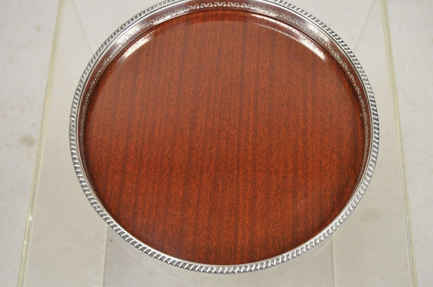 Vintage Crescent Modern Formica and Silver Plate Round Serving Bar Tray