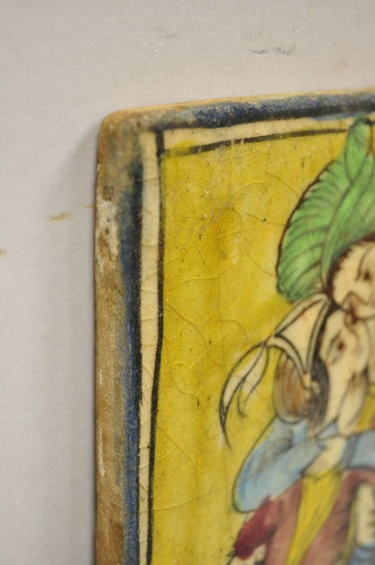 Antique Persian Iznik Qajar Style Ceramic Yellow Pottery Tile Loving Couple B C5