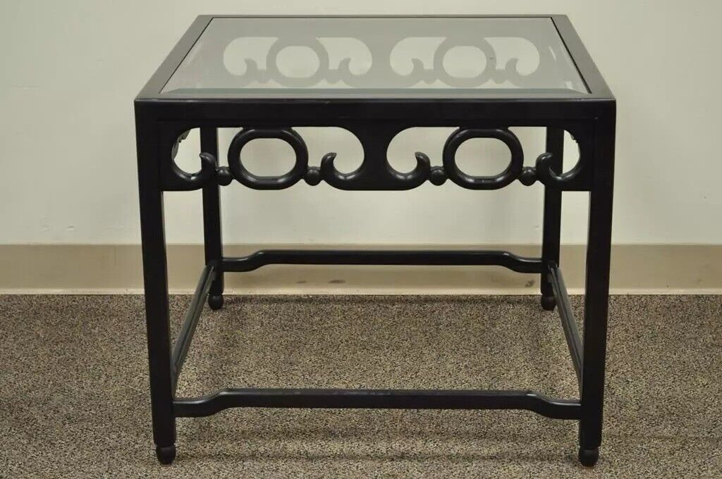 Vintage Oriental Chinoiserie Black Fretwork Glass Square Occasional Side Table