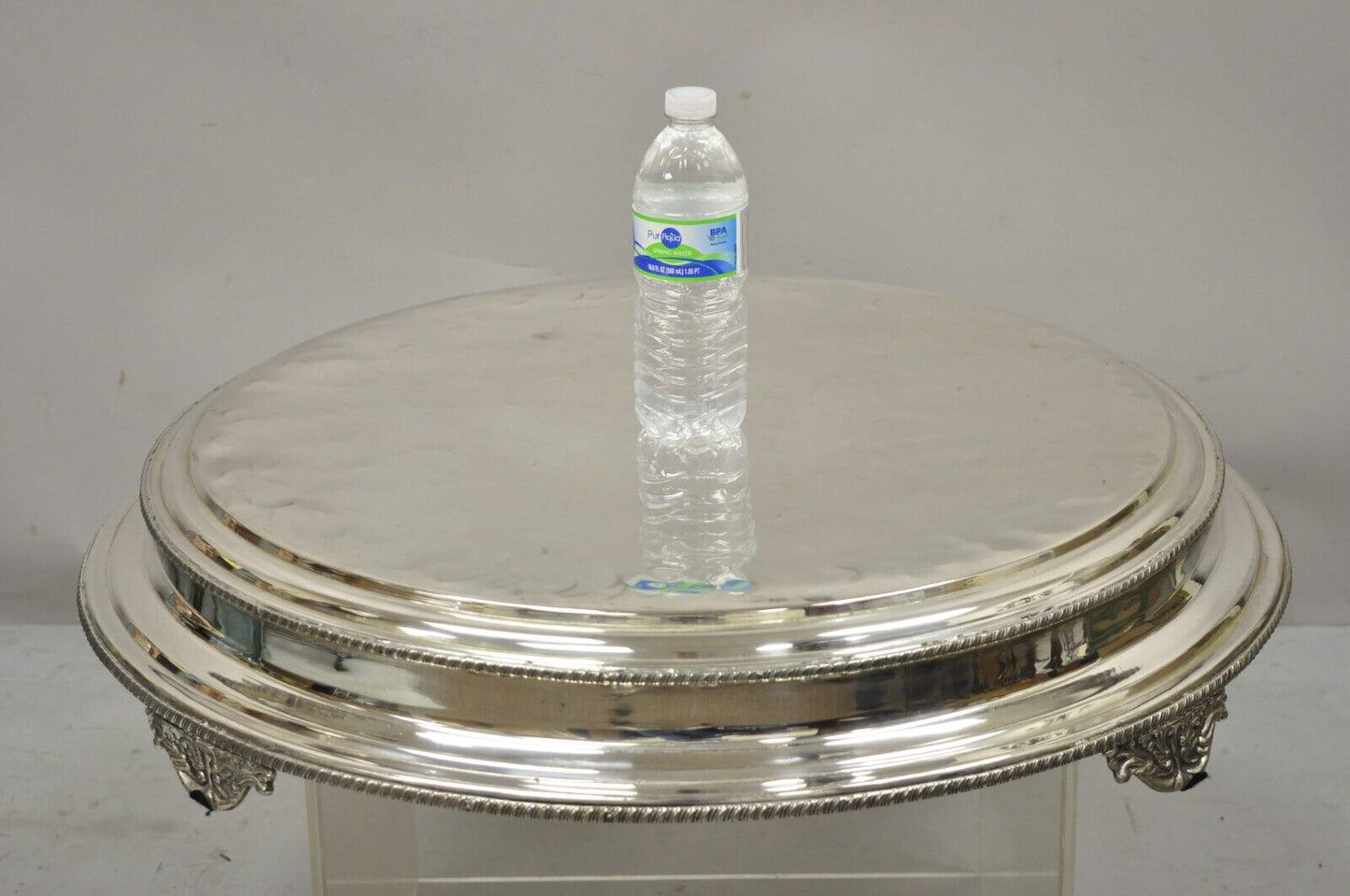 Large Silver Plate Regency Style 28" Round Platform Platter Pedestal Tray