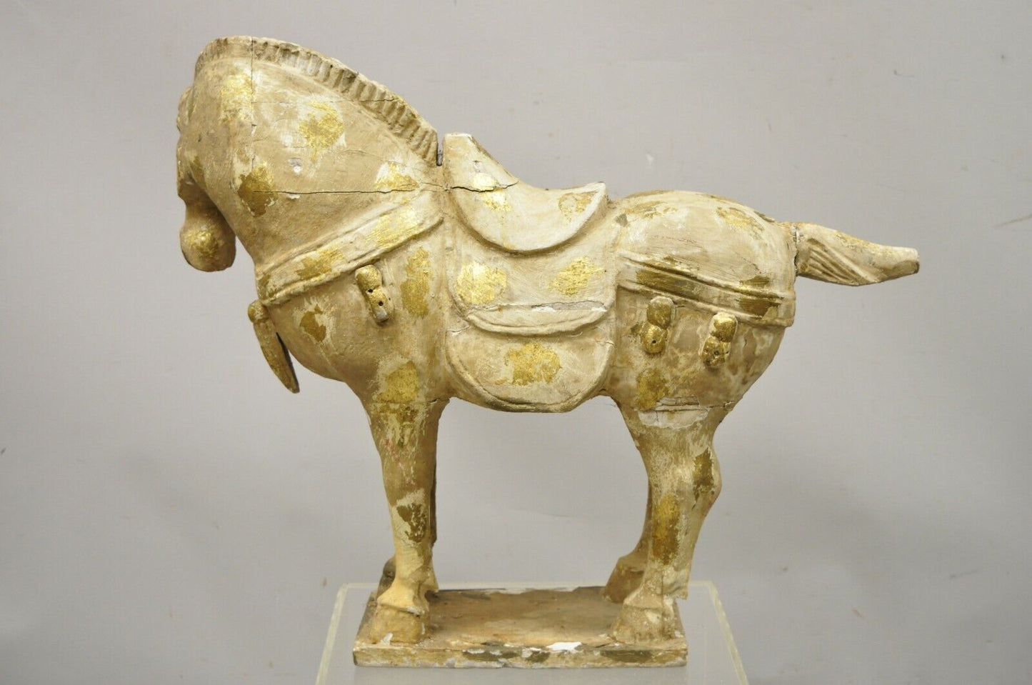 Chinese Polychrome Wooden Carved Wood 28" Tang Horse Sculpture Statue Figure