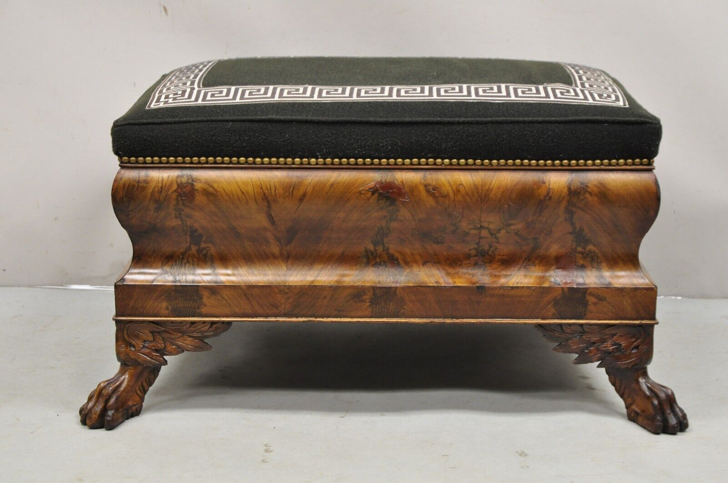 19th C. American Empire Carved Winged Paw Foot Mahogany Large Box Stool Ottoman