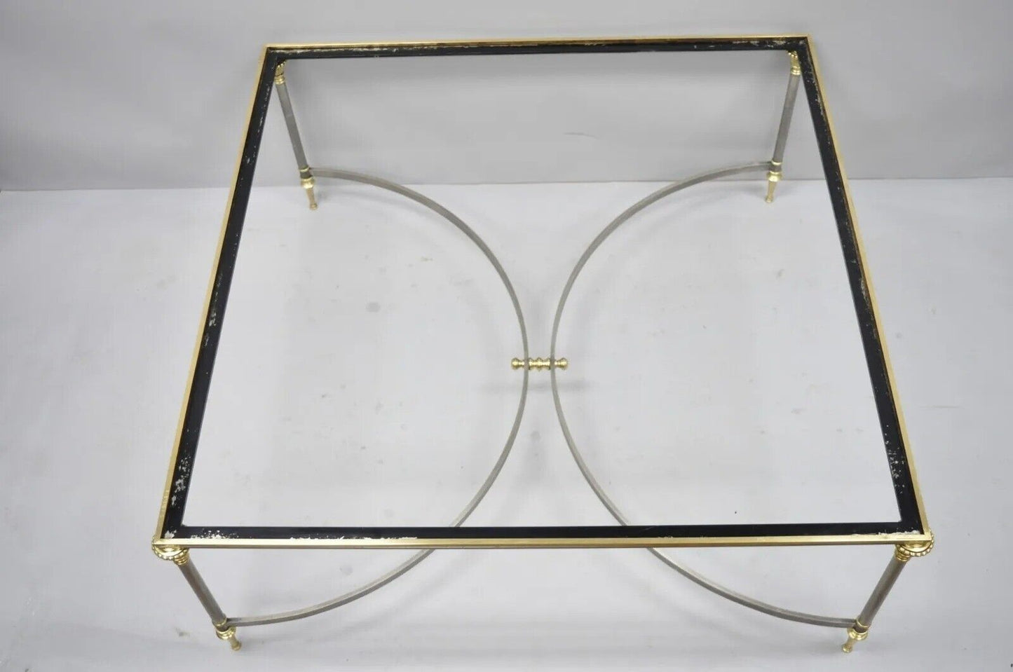 Italian Neoclassical Maison Jansen Style Steel & Brass Marble Top Coffee Table