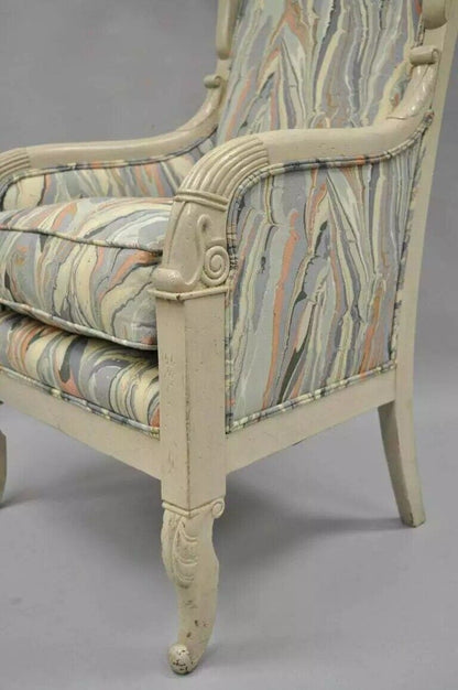 Vintage French Empire Neoclassical Style Marble Fabric High Wingback Arm Chair