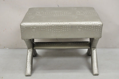 Decorator Hollywood Regency Faux Croc Silver X-Base Nailhead Trim Bench Stool