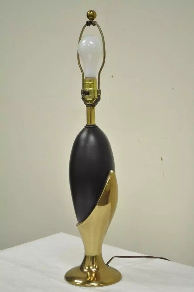 Vintage Mid Century Modern Art Deco Brass Black Metal Egg Nouveau Table Lamp