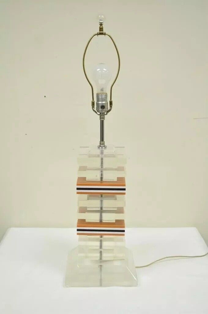 Vintage Mid Century Modern Stacked Lucite Acrylic Skyscraper Table Lamp