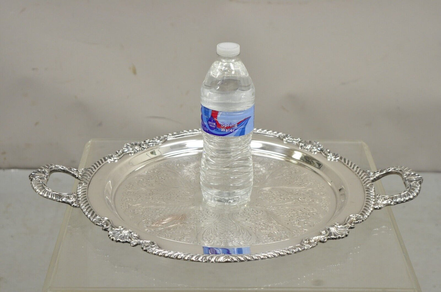 Vintage Sheffield Victorian Style Silver Plated Round Twin Handle Platter Tray