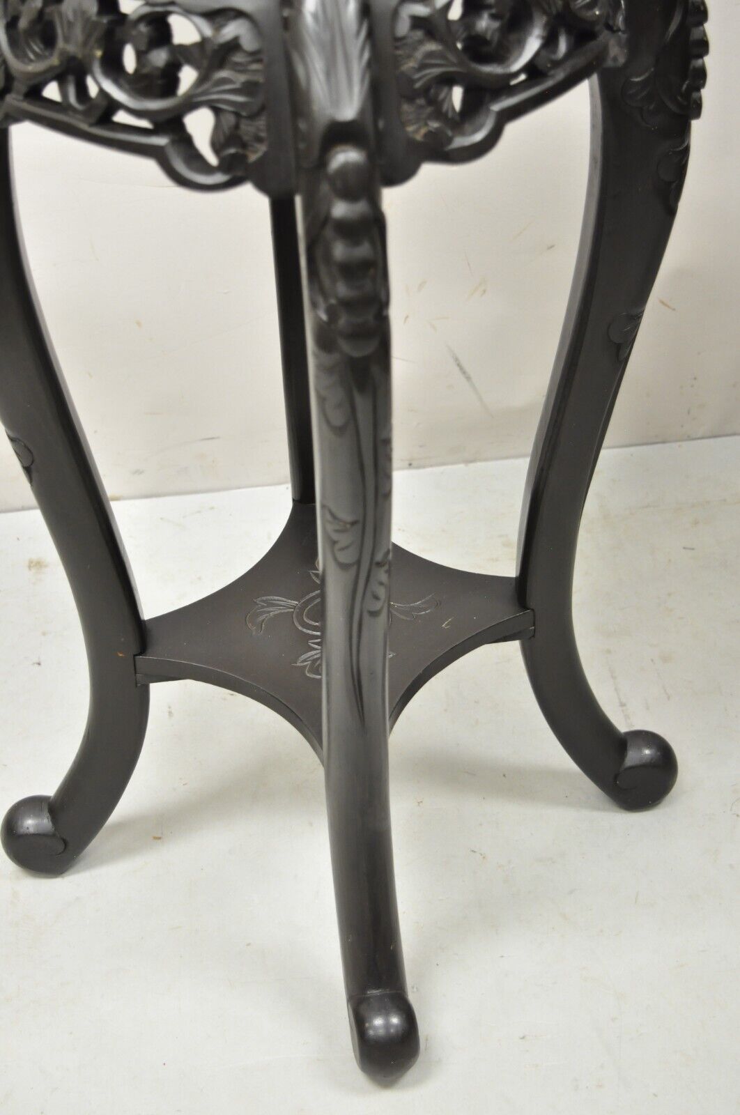 Japanese Carved Wood Black Ebonized 28" Plant Stand Side Table Lacquer Top