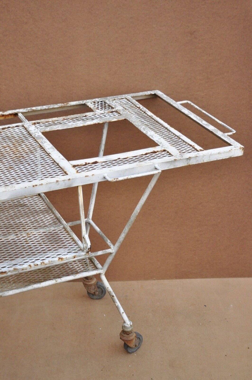 Vintage Mid Century Modern Wrought Iron Metal Mesh Rolling Bar Cart Table