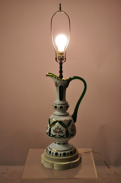 Antique Bohemian Czech Case Glass Green White Urn Ewer Table Lamp