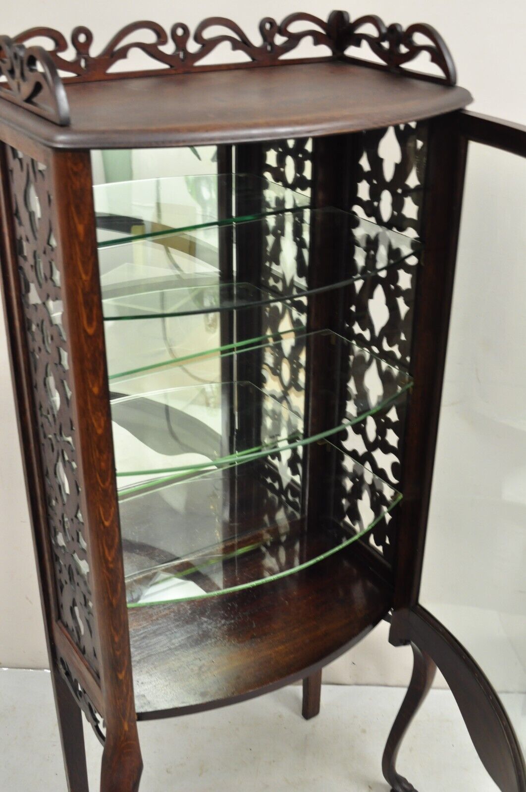 Antique Victorian Oak Wood Bowed Glass Single Door Carved Fretwork Curio Cabinet