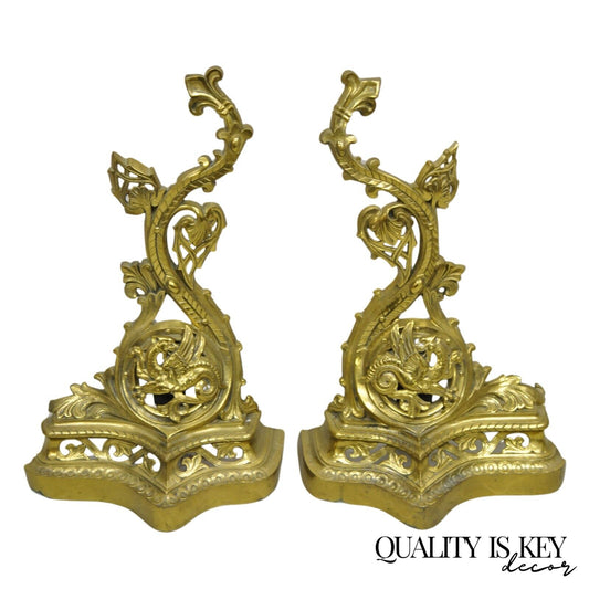 Vintage French Baroque Style Brass Figural Andirons with Dragon Griffins - Pair