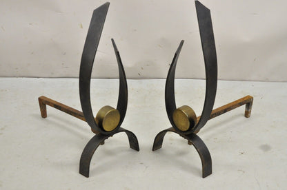 Vintage Donald Deskey Mid Century Modern Iron and Brass Ribbon Andiron - a Pair