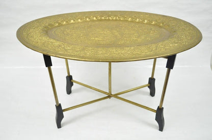 Vintage Moroccan Brass Bird Embossed Oval Tray Folding Small Coffee Table