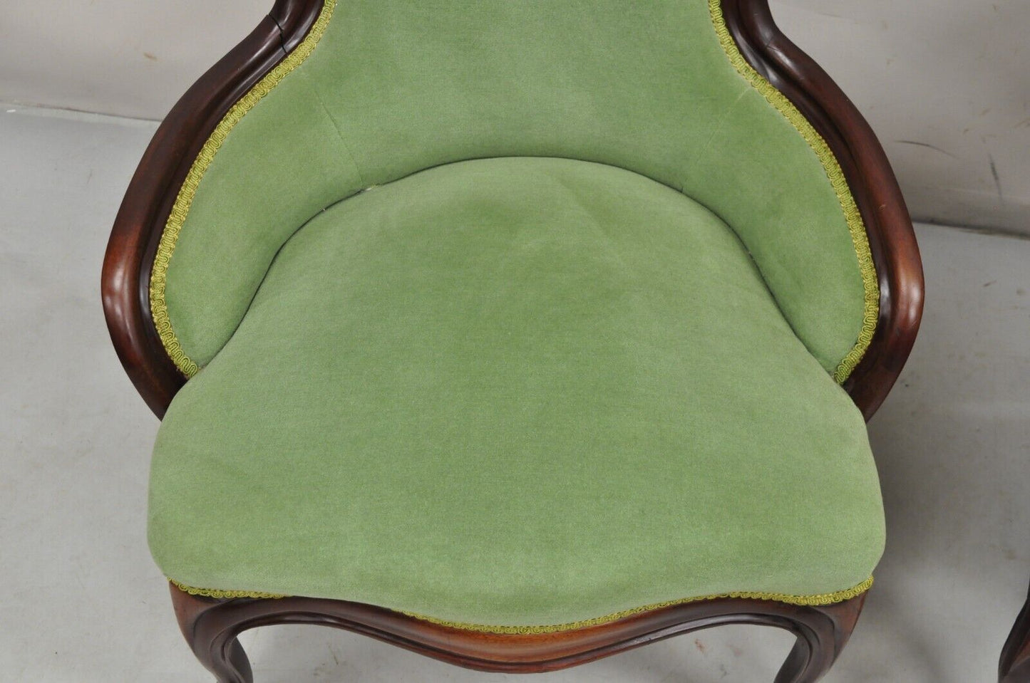 Vintage Victorian Green & Yellow His & Hers Rose Carved Parlor Chairs - a Pair