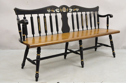 Vintage Hitchcock Style Maple Wood 6 Leg Colonial Black Stencil Windsor Bench