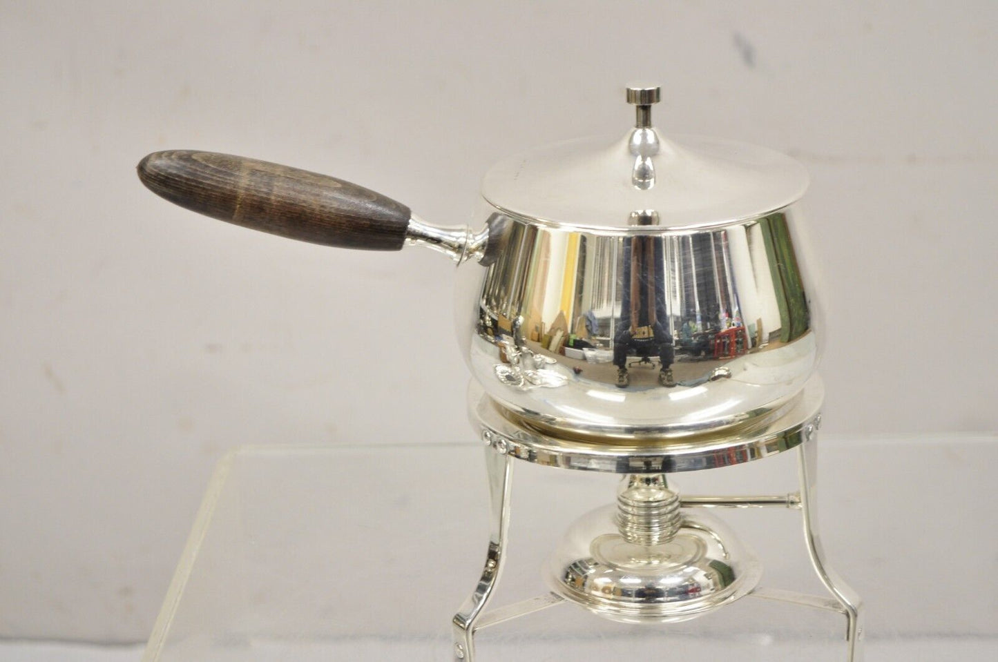 Vintage Mid Century Modern Silver Plated Steel Fondue Pot Warmer Set