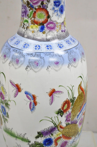 Vintage Chinese Satsuma Style Hand Painted Quail Bird Flower Porcelain Vase