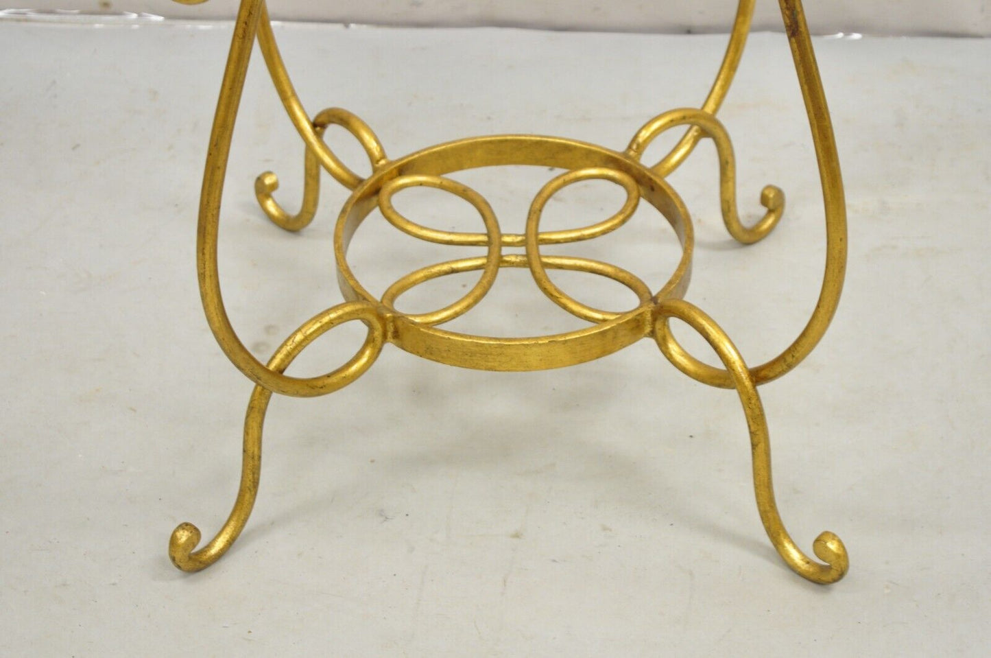 Gold Gilt French René Drouet Style Scrolling Iron Round Glass Accent Side Table