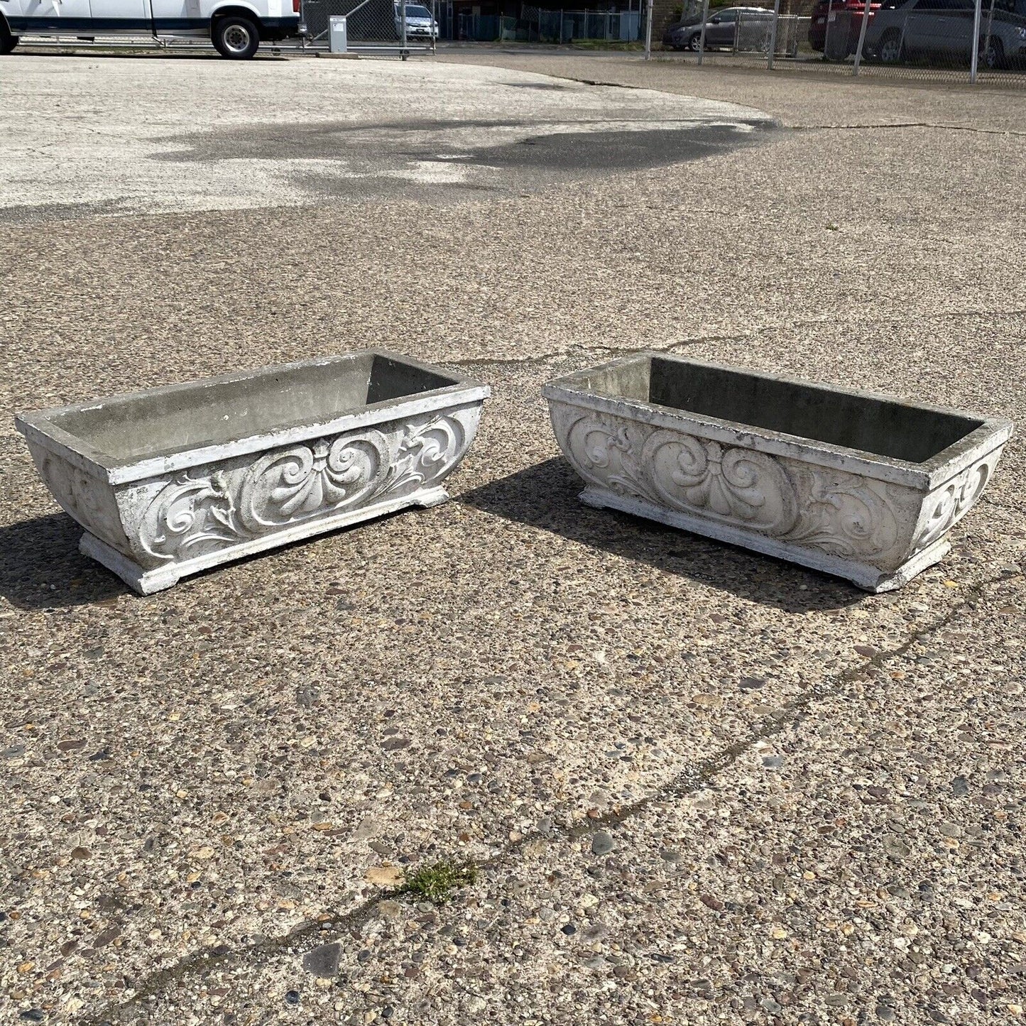 Vintage French Fleur De Lis Rectangular Cement Outdoor Garden Planter - a Pair