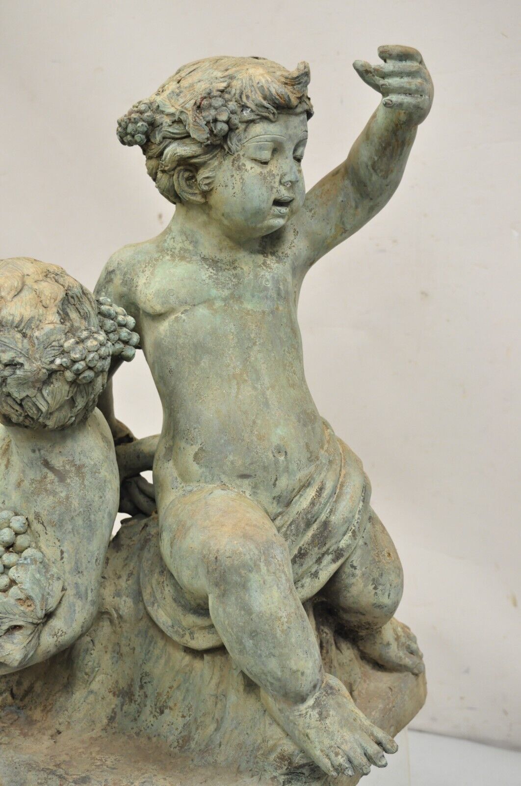 French Neoclassical Style Verdigris Bronze Large Bacchus Cherubs Putti Sculpture