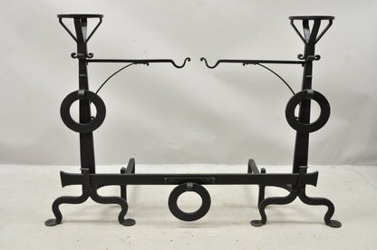 Mission Arts & Crafts Wrought Cast Iron Long Fireplace Andirons & Base - 3pc Set