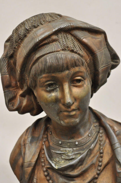 Antique E. Rousseau Cast Spelter Metal French Maiden Woman Bust Sculpture