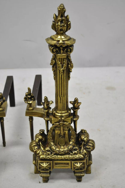 Vintage French Empire Brass Bronze Column Flame Finial Fireplace Andirons - Pair