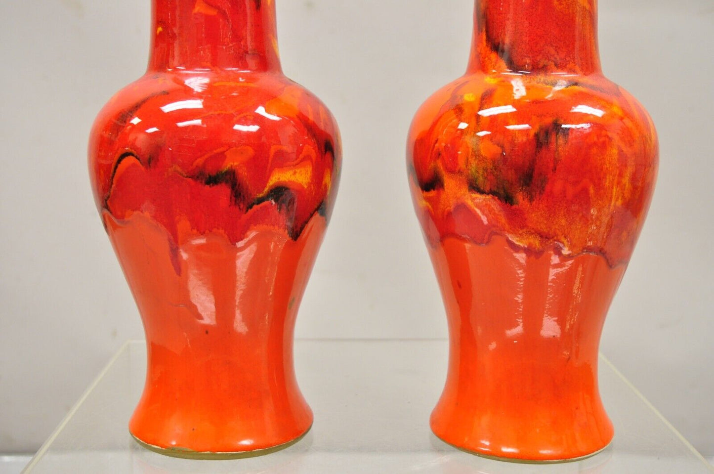 Pair Vintage Red Lava Drip Glazed Mid Century Modern Ceramic Pottery Vessel Vase