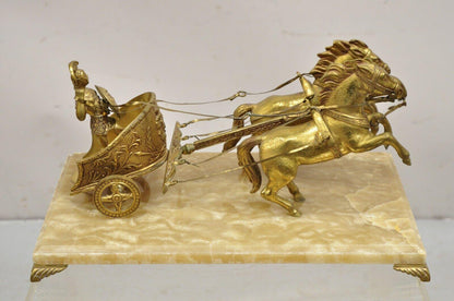 Vintage Gold Gilt Metal Roman Horse Drawn Chariot Sculpture on Marble Base