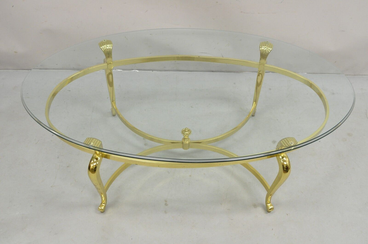 Vintage Brass Hollywood Regency Oval Glass Top Cabriole Leg Coffee Table