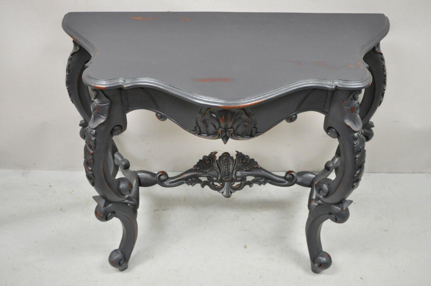 Reproduction Antique French Rococo Charcoal Distress Painted Console Hall Table