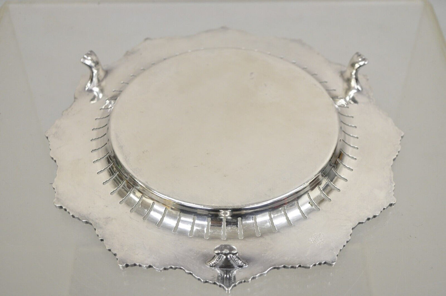 Vintage English Victorian Reticulated Silver Plated Round Footed Serving Tray