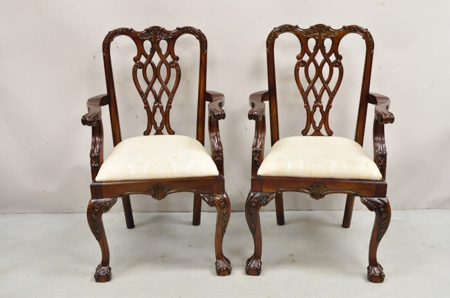 English Chippendale Style Carved Mahogany Ball & Claw Dining Arm Chairs - a Pair