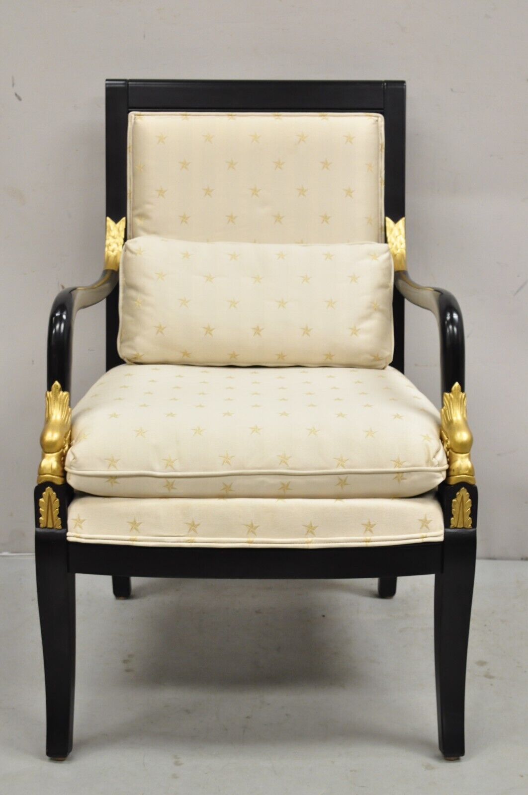 Ethan Allen French Empire Style Black Lacquer Gold Dolphin Upholstered Arm Chair