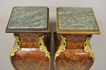 Vintage French Louis XV Style Marble Top Marquetry Inlay Bombe Pedestals a Pair