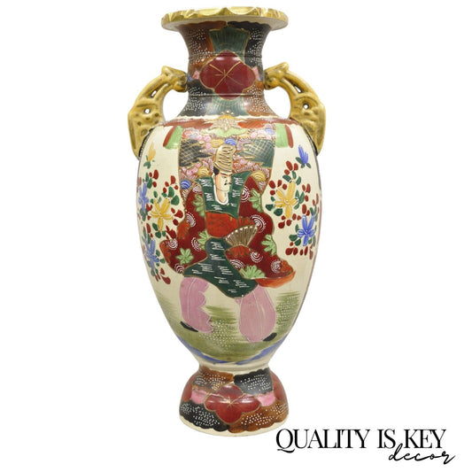 Vintage Japanese Hand Painted Ceramic Porcelain 24" Satsuma Vase with Warriors