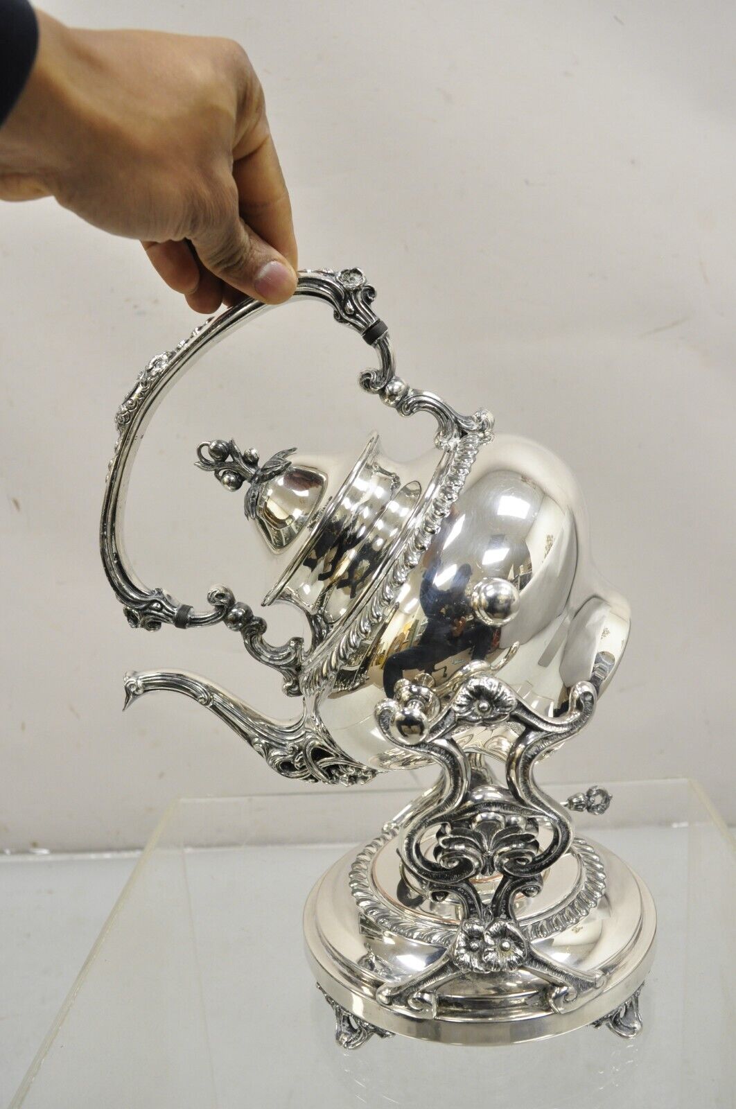 Vintage Art Nouveau Silver Plated Floral Repousse Tilting Tea Pot on Stand