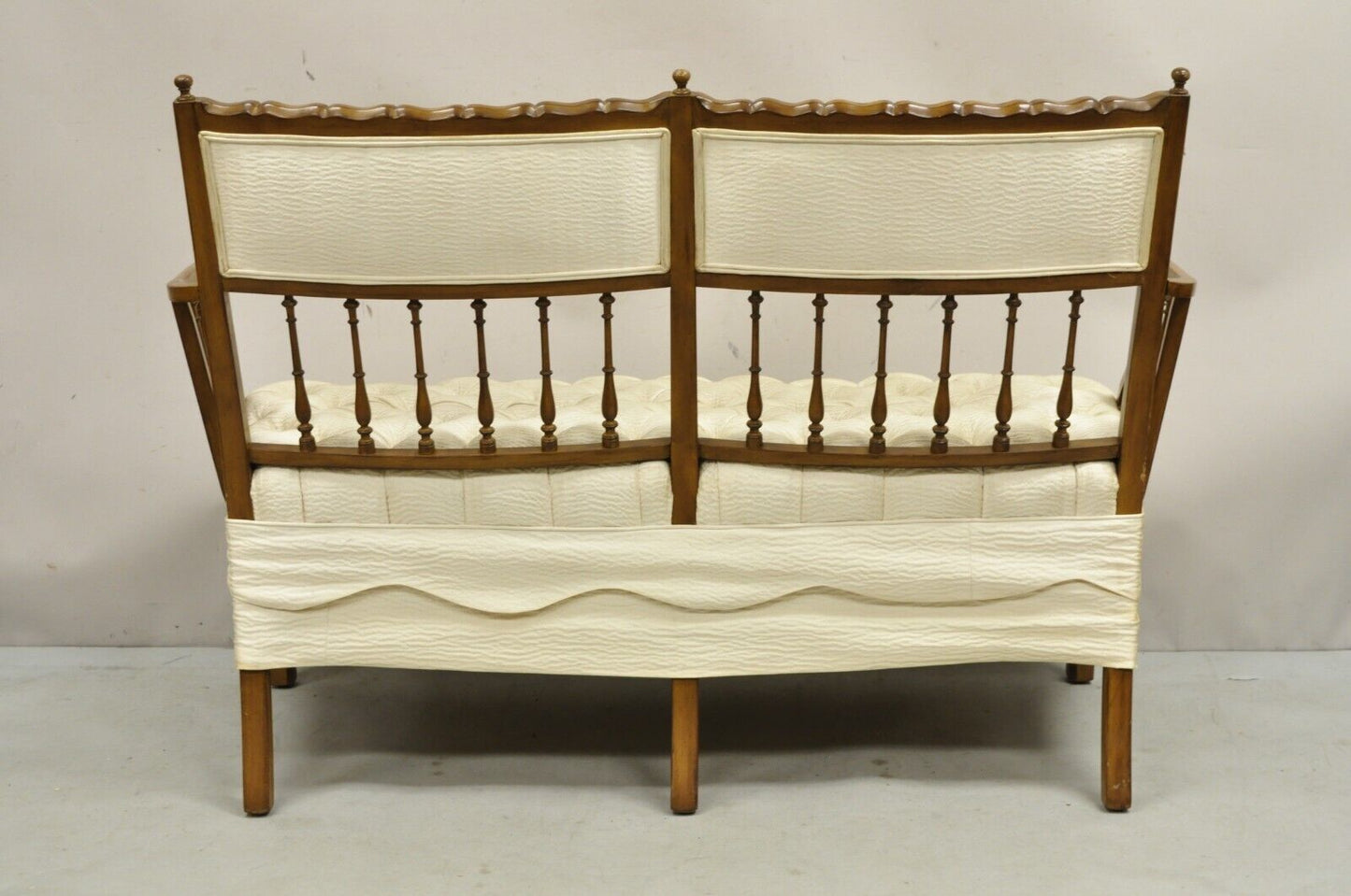 Vintage French Country Style Carved Wood Spindle Upholstered Settee Sofa